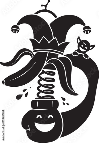 Vector silhouette illustration line art of a crazy spring loaded banana prankster joker emerging from a box