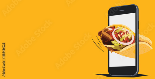 A hand holding a mobile phone with a delicious burger appearing on the screen.