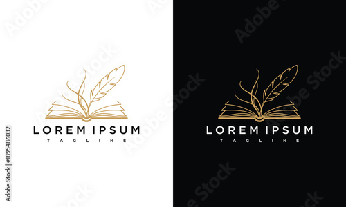 Elegant Feather Pen  Open Book Logo Design - Gold Line Art.