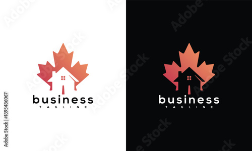 Canadian Maple Leaf House Logo - Real Estate Business Emblem.