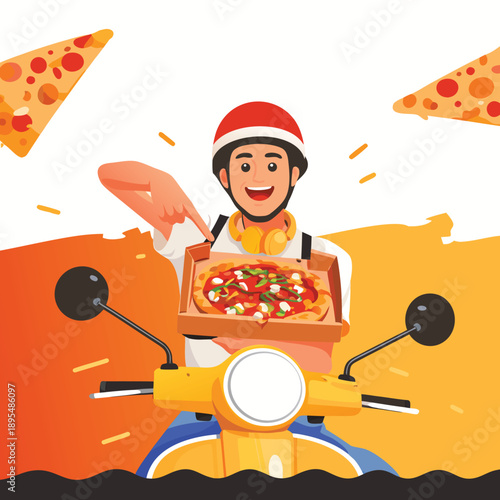 A happy delivery worker riding a motorcycle to bring hot pizza to customers.