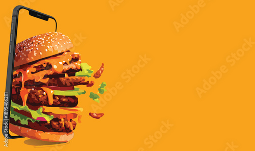 A tall stacked burger next to a mobile phone with a food app interface.