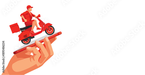 A hand holding a small model of a delivery worker on a scooter.