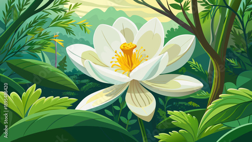 Very beautiful close-up of a white flower with yellow stamens blooming in spring, symbolizing life, renewal, and hope, set against a lush green forest background filled with natural freshness.