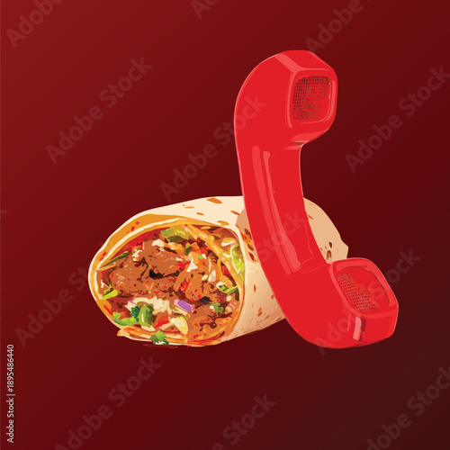 A delicious burrito or wrap placed next to a classic red telephone.