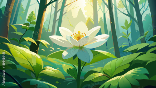 Very beautiful close-up of a white flower with yellow stamens blooming in spring, symbolizing life, renewal, and hope, set against a lush green forest background filled with natural freshness.