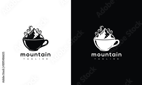 Mountain Coffee Logo Cup with Peaks Nature Adventure Caffeine.