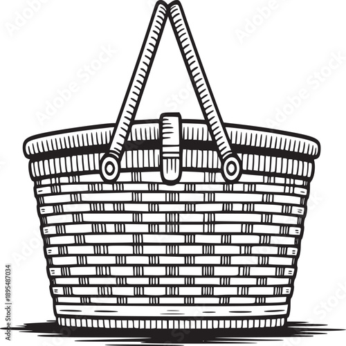 Illustration of a woven picnic basket with handles and a latch on a light beige background