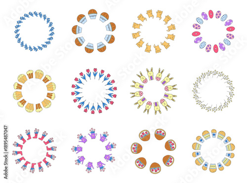 Set of cute round wreaths with doodle Easter kulich cakes, tulips, rabbits, cats, pussy willow and leafy twigs isolated on white background. Spring circle frames.