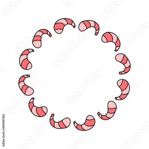 Cute round wreath with doodle shrimps isolated on white background.