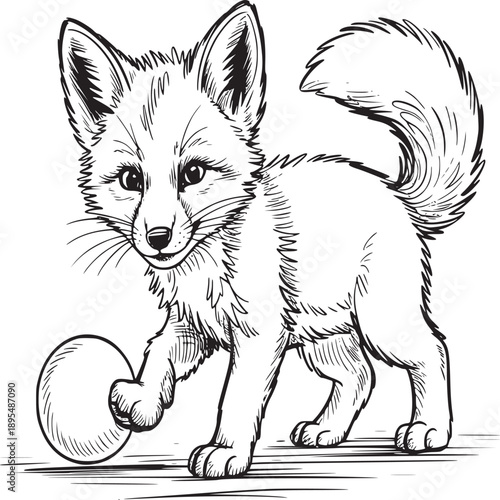 A charming ink drawing of a playful fox cub pushing a ball with its paw on a white background surface