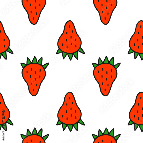 Cute seamless pattern with doodle strawberries on white background. Backdrop with summer garden berries.