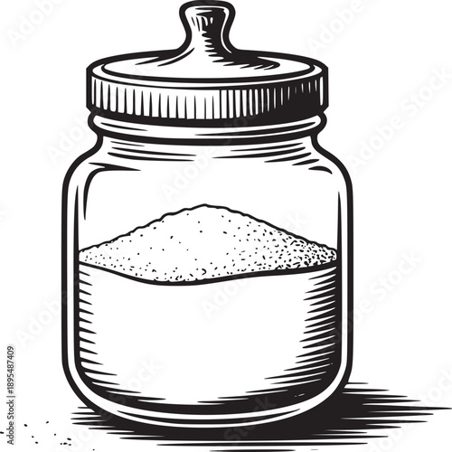 Illustration of a glass jar with a lid filled with granulated substance on a white background art