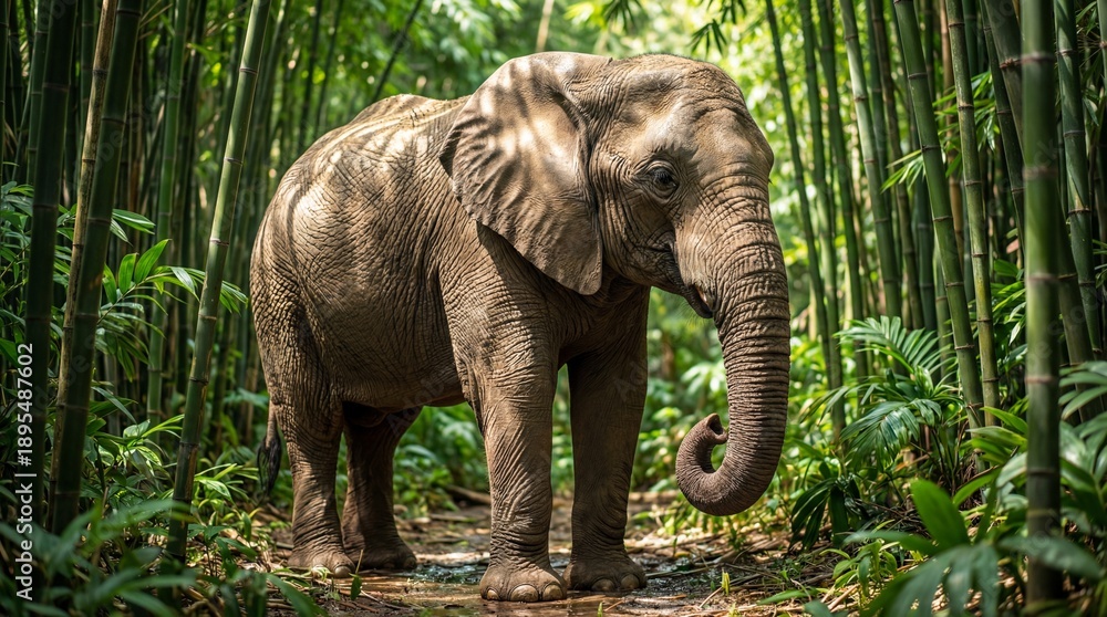 Fototapeta premium Asian elephant standing on wet path in lush bamboo forest. Majestic wildlife in tropical Thai habitat. Symbol of national Thai elephant day and conservation. Natural beauty of Chiang Mai region flora