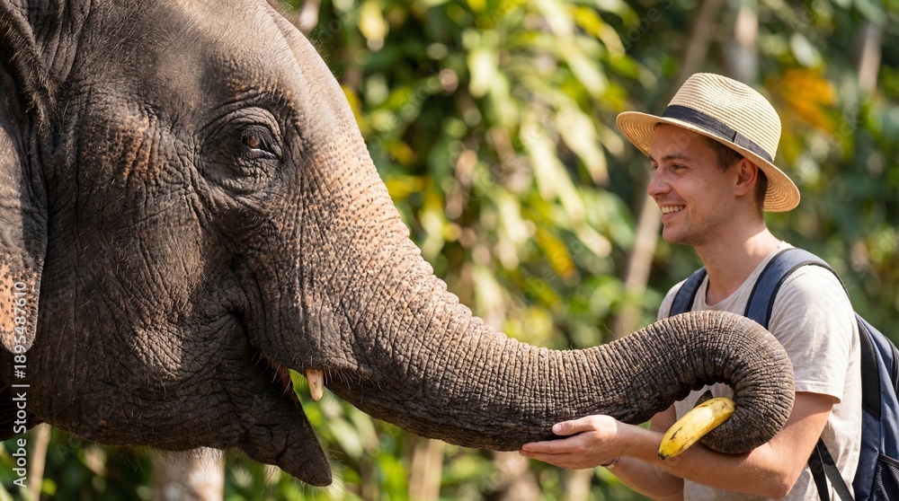 Fototapeta premium Man smiling while feeding banana to elephant with trunk in lush forest. Tourist interacting with Asian elephant. National Thai Elephant Day concept in Thailand wildlife conservation and animal