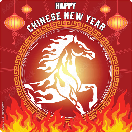 Powerful Chinese New Year vector with fiery horse emblem and red lanterns. Bold design representing energy, luck, and prosperity for Lunar New Year promotions.