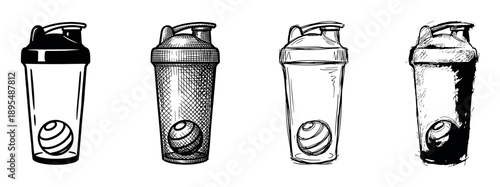Four protein shaker bottles illustrated in different artistic styles, including clean line art, hatching, and a rough sketch, showing a collection of fitness drink containers