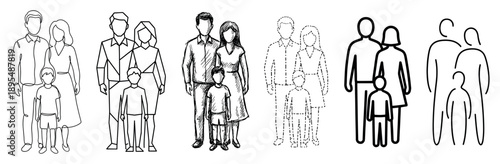 Set of six family illustrations showing a mother, father, and son in various black and white line art styles, from minimalist and geometric to sketchy and iconographic