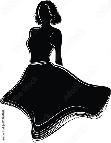 A black silhouette of a woman in a flowing dress with a bobbed haircut against a white background