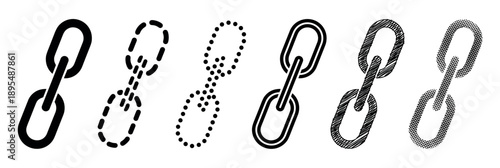 Set of six black chain link vector icons showing different design styles such as solid fill, dashed line, dotted, outline, hand-drawn scribble, and halftone pattern
