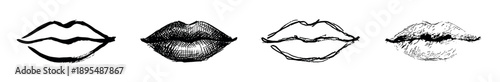 Set of four hand-drawn lips illustrations in various grunge sketch styles, showcasing different artistic techniques like brush strokes, hatching, and scribbles for a modern graphic design