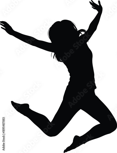 A joyful woman jumping in the air with arms outstretched in a dynamic and carefree motion on a plain white background