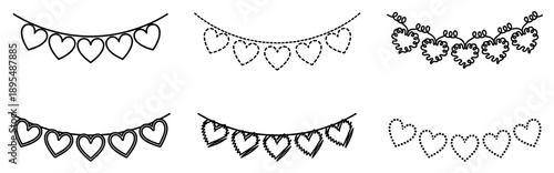 Set of six black line art heart garlands in various hand-drawn styles for romantic decoration, including solid, dashed, dotted, scribbled, and ornate festive design elements