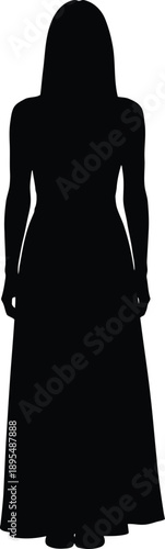 A woman in a long dress standing with her back to the viewer in a black silhouette against a white background