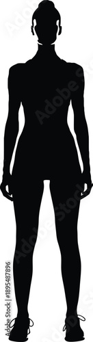 A black silhouette of a woman in athletic attire standing against a white background