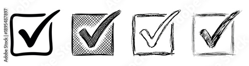 Four hand-drawn black check mark icons in a sketchy doodle style, showcasing a set of various approval symbols for voting, tasks, and confirmation in a graphic illustration