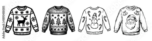 Four ugly Christmas sweaters hand-drawn in a black and white sketch style with festive holiday patterns like reindeer, snowman, Santa Claus, and Christmas trees in a row