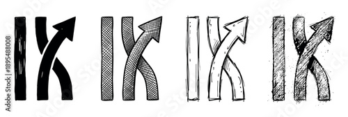 Set of four hand-drawn arrow symbols bypassing vertical lines in various artistic styles like solid, hatched, sketch, and grunge, illustrating a concept of change or solution