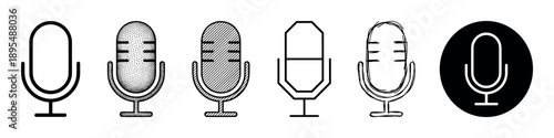 Set of six black microphone icons in various artistic styles including line art, stipple, hatching, geometric, and hand-drawn sketch for audio recording concepts