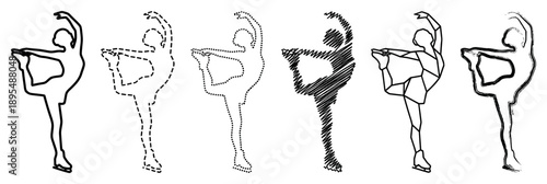 Collection of six figure skater silhouettes in a flexible pose, rendered in diverse graphic styles like outline, dotted, scribble, polygon, and brush stroke for athletic concepts