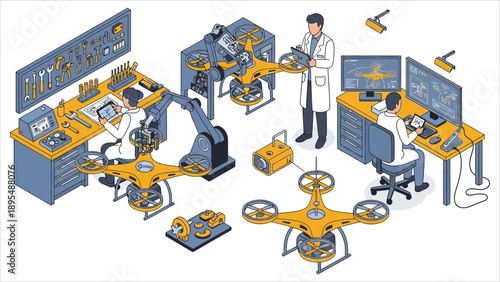 Robotics Engineering Lab Students Assembling Drones Vector.