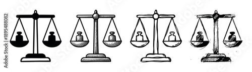 Four black and white scales of justice illustrations in different hand-drawn styles, including silhouette, sketch, and crosshatching, symbolizing law, balance, and fairness