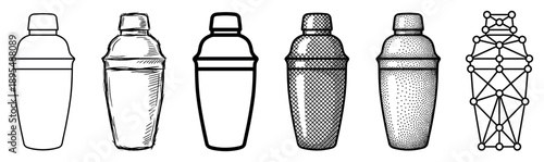 Set of six cocktail shaker illustrations in various artistic styles including line art, hand-drawn sketch, stippling, crosshatching, and an abstract geometric wireframe