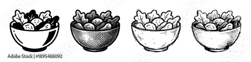 Four black and white salad bowl illustrations showcasing different artistic techniques like bold icon, detailed engraving, loose sketch, and rough grunge style
