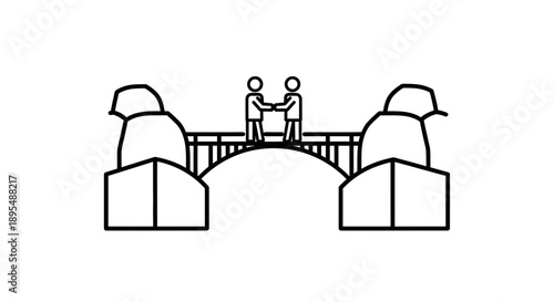 Simple line drawing of two people shaking hands on a bridge.