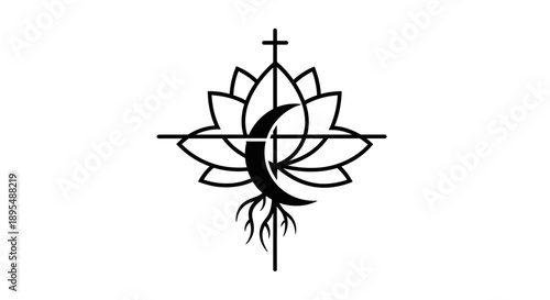Black minimalist cross lotus flower with roots symbol.