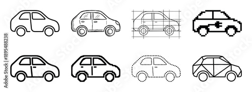 Collection of eight black car icons showcasing various artistic styles including line art, hand-drawn sketch, blueprint, pixel art, dotted, and geometric low-poly designs