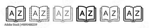 Set of black dictionary icons in various styles including line, dashed, dotted, hand-drawn, and pixel art, representing vocabulary, glossary, and alphabetical order
