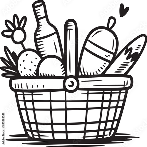A black and white drawing of a picnic basket filled with food and drinks for a lovely day outing