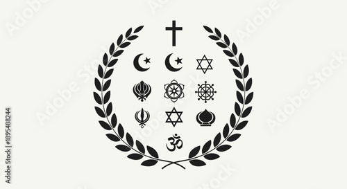 Religious symbols from various faiths surrounded by a laurel wreath.