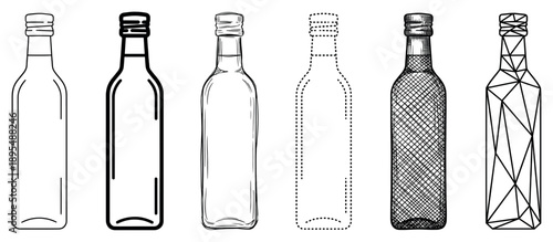 Collection of six glass bottles illustrated in various artistic styles including line art, sketch, crosshatch, dotted outline, and low poly geometric design for packaging concepts