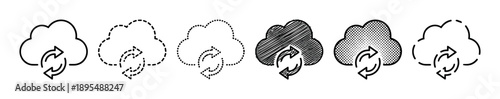 Collection of six black cloud computing icons with circular arrows showing different artistic styles like line, dotted, dashed, scribble, and halftone for data synchronization