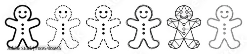 Set of six gingerbread man icons in different artistic styles including solid, dotted, dashed, sketchy, geometric, and stippled outlines for festive holiday designs