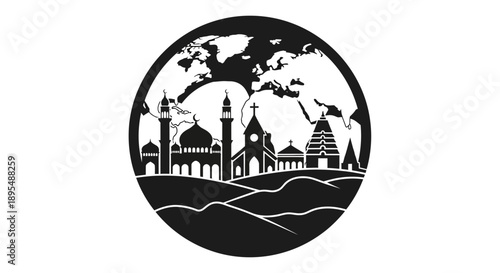 Black and white illustration of famous religious buildings around the world in a circular frame.