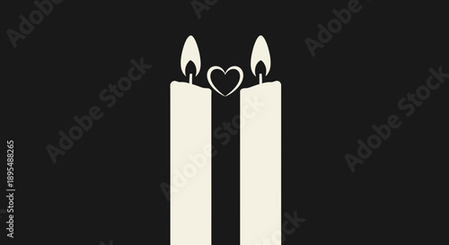 Two white candles with heart shaped flame on black background.