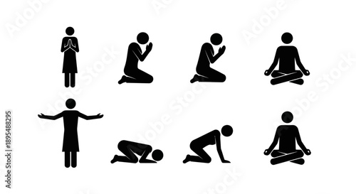 Silhouette icons depicting various prayer and meditation poses.
